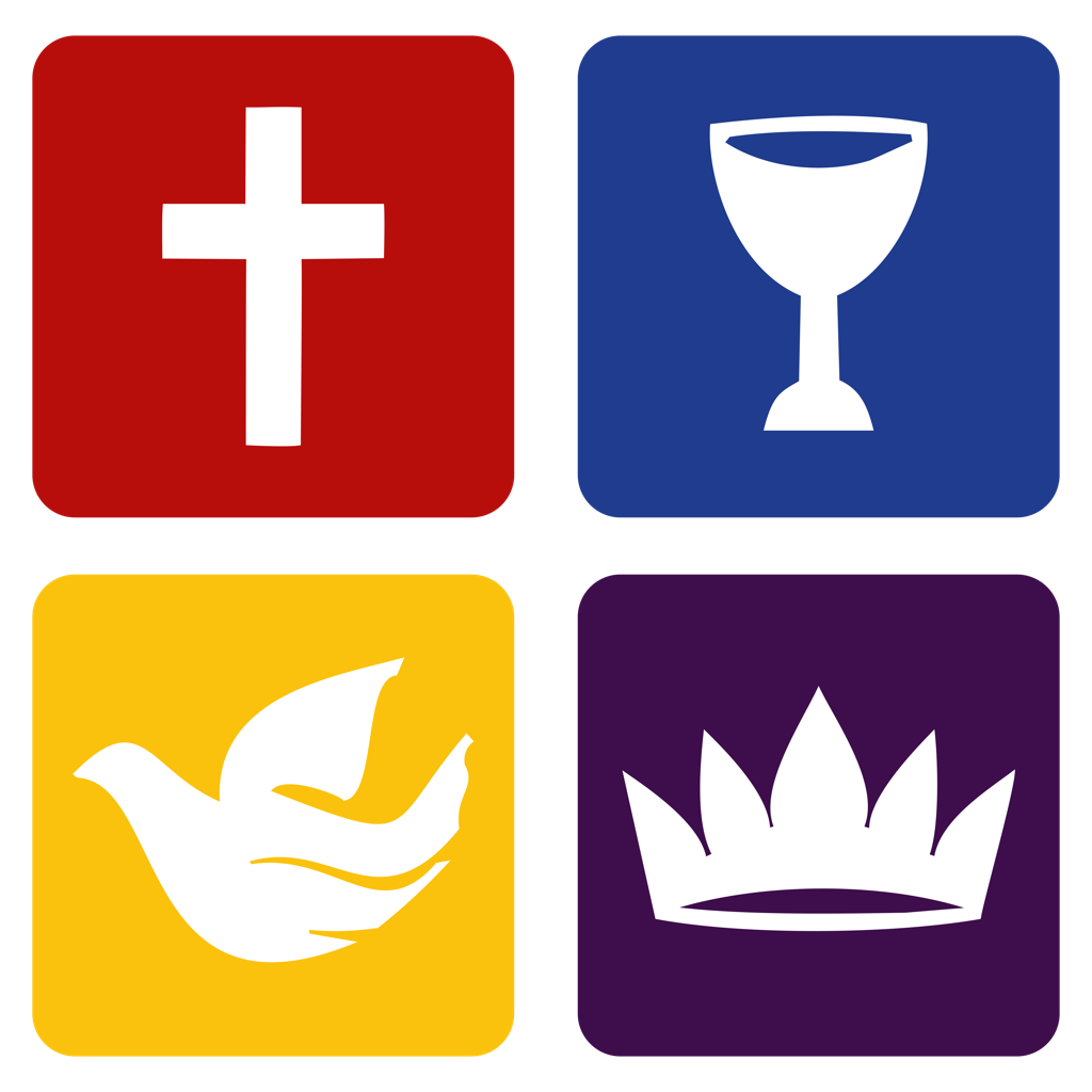 Emblema cuadrangular: cruz, copa, paloma y corona